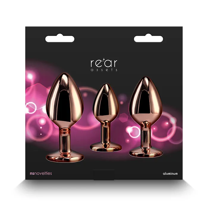 Anal | Rear Assets Trainer Kit - Rose Gold - Pink Heart - Rose Gold Metallic Butt Plugs with Pink Hearts - Set of 3 Sizes - NS Novelties