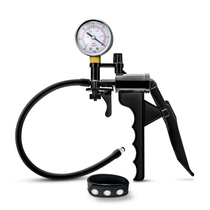 Blush Novelties Performance Gauge Pump Pistol With Silicone Tubing Silicone Cock Strap Black Female Sex Toys